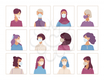 Women wearing safety breathing masks. Respirators and medical masks. Vector icons set. Disease, flu, air pollution. Flat portraits of Caucasian, Afro-American, Asian. Young and aged. Cartoon avatars.