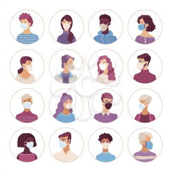 People icons set. Women and men wearing safety breathing masks. Respirators and medical masks. Disease, flu, coronavirus 2019-nCoV, air pollution. Vector flat portraits young and aged in circles