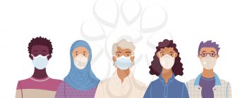 Multicultural group of people wearing disposable medical masks together. International corona virus protection and epidemic prevention vector illustration. Global self-isolation and quarantine.