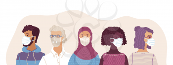 Women and men wearing safety breathing masks. Respirators and medical masks. Protection from disease, flu, coronavirus COVID-19, air pollution, allergies, dust. Vector flat portraits.