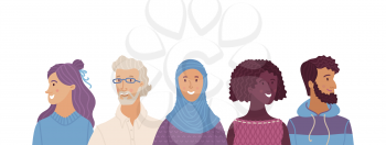 Multicultural smiling adult men and women standing together. International community concept with diverse people vector illustration. Multiethnic group of happy people. Cultural and religion equality.