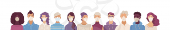Women and men wearing safety breathing masks. Respirators and medical masks. Protection from disease, flu, coronavirus COVID-19, air pollution, allergies, dust. Vector flat portraits.
