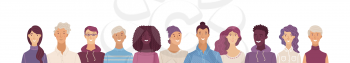 Multicultural group of happy people. Smiling adult men and women standing in row together. International community concept with diverse students vector illustration. Cultural and religion equality.
