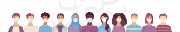 Multicultural group of people wearing medical masks to prevent disease. International corona virus protection and epidemic prevention vector illustration. Global self-isolation and quarantine poster.