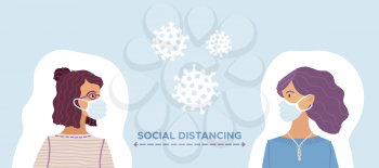 Social distancing during outbreak of the coronavirus. Two women keep 2 meters apart as they speak to each other. They wearing safety breathing masks. Keep safety distance to protect from covid-19.