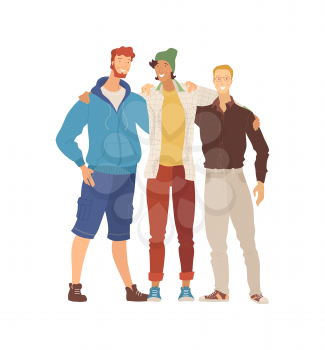 Male friends, embracing boys group flat vector illustration. Multicultural friendship, friendly relationship. Smiling people, young guys, boyfriends cartoon characters isolated on white background