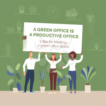 Businesspeople with green office banner flat vector illustration. Comfortable workspace, productivity increase, green zone creating tips. Smiling office managers cartoon characters
