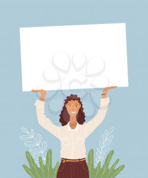 Businesswoman holding empty border vector illustration. Office work, business development, company promotion. Employee, female manager, woman holding blank frame isolated cartoon characters