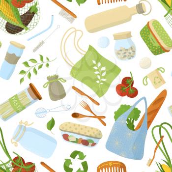 Recyclable things and products, kitchen items seamless pattern. Herbal products, eco bags and containers. Reusable food and packaging fabric, textile, wrapping paper, wallpaper color vector design