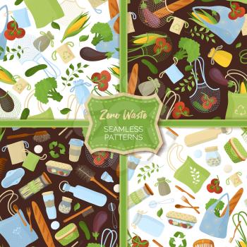 Zero waste flat vector seamless patterns set. Healthy food and eco packs, kitchen items color collection. Recyclable products creative fabric, textile, wrapping paper, wallpaper designs