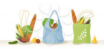 Recyclable shopping bags flat vector illustrations set. Greengrocery purchases color collection. Organic products, vegetarian food in eco friendly packagings isolated on white background
