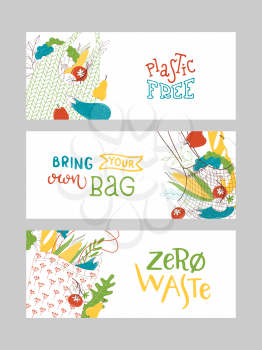 Recyclable fabric handbags vector banners set. Textile shopping bags with fresh veggies illustrations. Organic nutrition, vegetarian food in eco handbags isolated on white background
