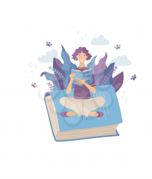 Young smiling woman reading book while sitting on giant book. Spending summertime weekend at nature with book vector illustration. Satisfied girl relaxing and studying outdoor. Self-education concept