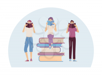 Literary bookstore or book festival concept with reading people. Young man and woman reading books while sitting or standing. Interested students study in library cartoon vector illustration.