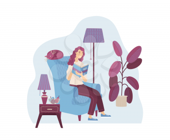 Young woman reading book at home in armchair. Happy casual girl relaxing with book in cozy living room vector illustration. Literature hobby and happy lifestyle. Distance education and knowledge.