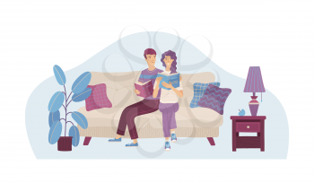 Couple in love reading books in sofa. Happy young man and woman spending weekend together. Interested girl and boy relaxing with book in cozy living room vector illustration. Family holiday at home