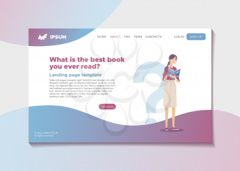 What is the best book you ever read? Literature survey or literature review landing page template. Web banner with young smiling woman reading book vector illustration. Literary club or magazine blog