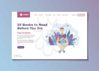 25 books to read before you die concept. Bestsellers and masterpieces guide landing page template. Young smiling man reading book outdoor vector illustration. Literary club review, bookstore blogging.