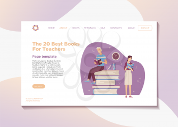 The 20 best books for teachers landing page template. Top rated books for professional teacher development and career growth. Young smiling woman and man reading books cartoon vector illustration.