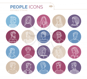 Linear people icons set. Vector user avatars. Outlined minimalistic icons. Men and women portraits set. People profile pictures. Cartoon avatars for game, internet forum, or web account