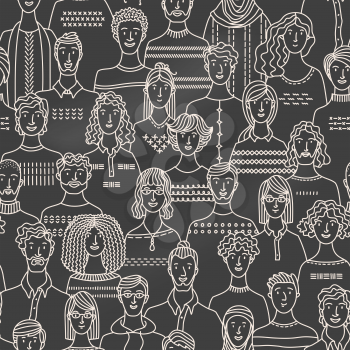 Chalk diverse crowd of people on blackboard background. Society and population. Social community seamless pattern in linear style. Hand-drawn fabric, textile, wrapping paper, wallpaper vector design