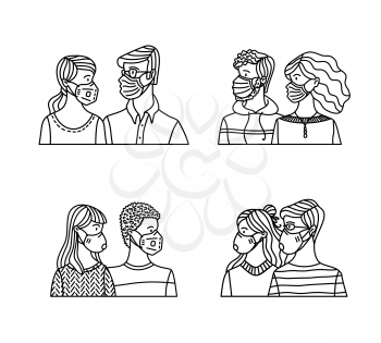 Diversity couples wearing safety breathing masks. Respirators and medical masks. Protection from disease, flu, coronavirus COVID-19, air pollution, and allergy. Vector outline illustration.