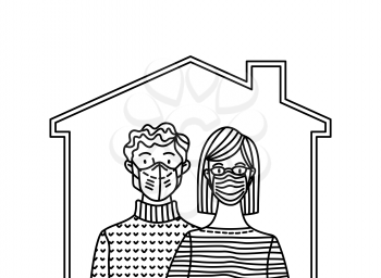 Stay at home to help stop the spread of coronavirus Covid-19. Social distancing and self-isolation. Man and woman wearing safety masks. Outline vector illustration