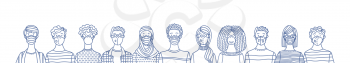 Multicultural group of people wearing disposable medical masks together. International corona virus protection and epidemic prevention vector outline illustration. Global self-isolation and quarantine.