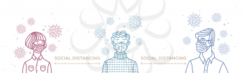 Keep your social distance banner. Men and woman wearing disposable medical masks against each other. Coronavirus protection and prevention. Self-isolation and quarantine outline vector illustration.