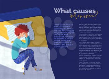 What causes insomnia banner vector template. Sleepless woman lying in bed cartoon character. Medical journal research article with flat illustrations. Sleeplessness, wakefulness concept