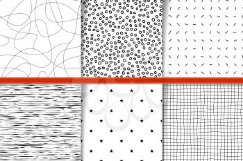 Abstract hand drawn monocolor seamless patterns set. Fabric flaps, textile patches collection. Monochrome backgrounds irregular geometric shapes. Hand drawn linear circles, lines and curves backdrops