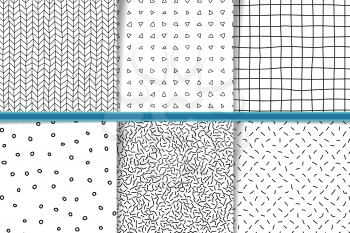 Abstract hand drawn monocolor seamless patterns set. Fabric flaps, textile patches pack. Black and white backgrounds hand drawn geometric shapes. Irregular linear triangles, lines, circles backdrops
