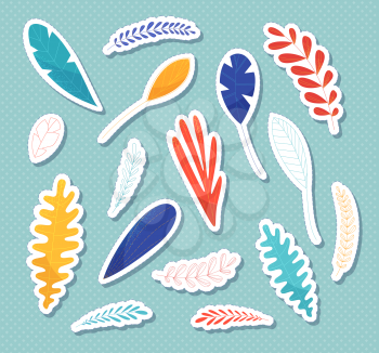 Plant leaves and branches vector illustrations set. Foliage stickers isolated on blue dotted background. Cartoon leafage color drawings. Botanical composition. Herbal twigs patches collection