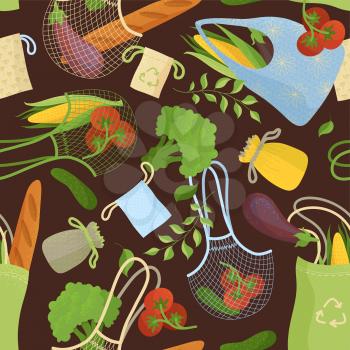 Organic products in recyclable handbags seamless pattern. Vegetarian food in eco friendly bags. Greens and bakery in eco sacks fabric, textile, wrapping paper, wallpaper color vector design