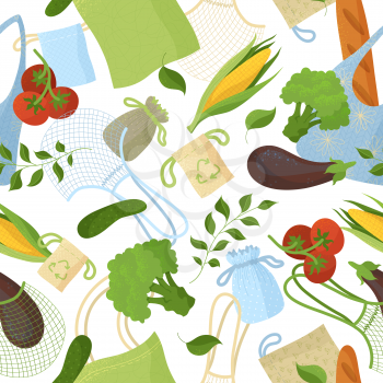 Natural products in recyclable bags seamless pattern. Vegan food in eco friendly sacks. Greens and bread in eco handbags fabric, textile, wrapping paper, wallpaper color vector design
