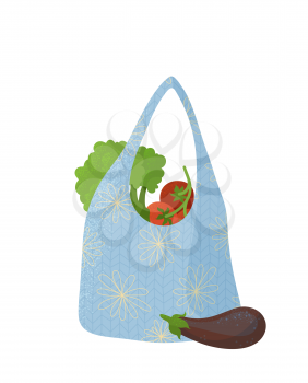 Eco handbag with vegetables flat vector illustration. Recyclable shopping bag with greens, greengrocery purchases. Vegan food, organic products in eco friendly packaging isolated on white background