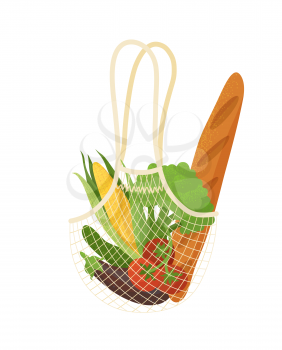 Recyclable mesh bag with vegetarian nutrition flat vector illustration. Shopping bag with seasonal greens. Vegan eating, fresh vegetables in eco friendly handbag isolated on white background