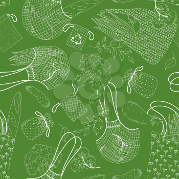 Vegetables and fruits, linear greens seamless pattern. Healthy and fresh veggies and greenery in eco-friendly packs. Eco products, vegan food creative fabric, textile, wrapping paper, wallpaper design