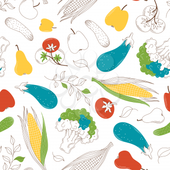 Vegetables and fruits, eco products vector seamless pattern. Greengrocery items, healthy food color drawing. Vegan eating creative fabric, textile, wrapping paper, wallpaper design