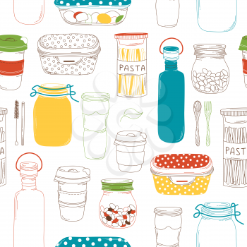 Recyclable kitchen containers linear vector seamless pattern. Reusable plastic cups, wooden appliances, glass bottles and jars. Creative fabric, textile, wrapping paper, wallpaper design