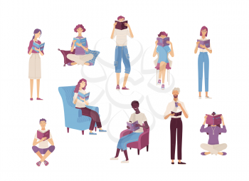 People reading books while sitting or standing. Happy young men and women holding books. Students studying isolated vector illustration. Pleased literary fans and lovers characters in cartoon style