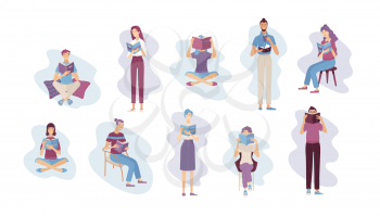 People reading books while standing or sitting on floor and in chairs. Happy young men and women holding books characters in cartoon style. Satisfied literary fans and book lovers vector illustration.