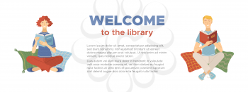 Welcome to the library banner. Smiling man and woman reading books while sitting on pillows vector illustration. Reading time in library isolated on white background. Literary club and happy lifestyle