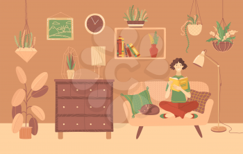 Young woman reading book at home on sofa. Stay at home vector illustration. Happy girl relaxing with a book in cozy living room. Literature hobby and happy lifestyle. E-learning and education.