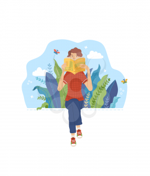 Young woman reading book outdoor. Spending summertime weekend at nature with book. Girl relaxing and studying in park. Literature hobby and happy lifestyle. Vector illustration in flat cartoon style