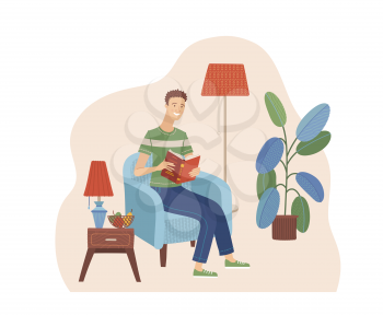 Young man reading book in armchair. Stay at home concept. Happy boy relaxing with book in cozy room interior vector illustration in flat style. Literature hobby and happy lifestyle. Distance education
