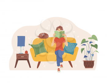 A woman is sitting on a sofa and reading a book. Girl is preparing for the exam with open book in her hands. Reading hobby concept. Flat vector illustration. Room interior design