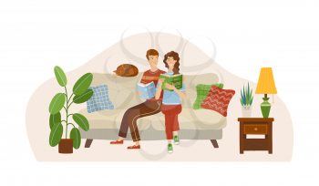 Couple in love reading books on sofa. Stay at home concept. Happy young man and woman spending weekend together. Girl and boy relaxing with book in room. Vector illustration. Family holiday at home