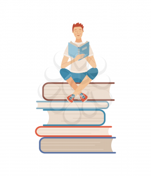 Young man reading book while sitting on stack of books. Boy relaxing with book isolated on white background. Literature hobby and happy lifestyle. Student studying with textbook vector illustration