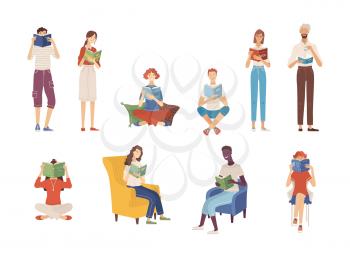 People reading books while sitting or standing. Students studying. Happy young men and women holding books. Isolated vector illustration. Literary fans and book lovers in flat cartoon style